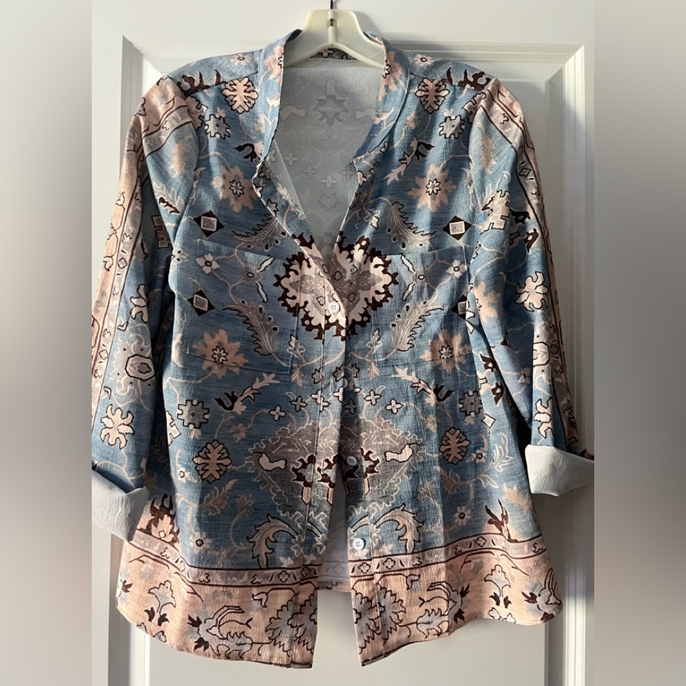 Floral Patterned Blue and Beige Women's Top